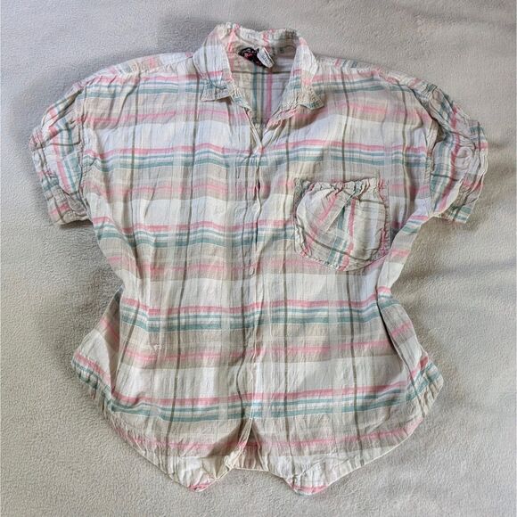 Vintage Plaid Button Down Shirt Blouse Women's Medium/Large Cream Puff Sleeve - Picture 2 of 6